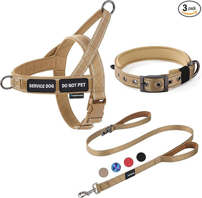 Annchwool No Pull Dog Harness,Heavy Duty Reflective Collar & Leash Set-Leash with Double Handle & Car Seatbelt Clip-Easy Control for Walking Training Medium Large Size Dogs(Brown,M)