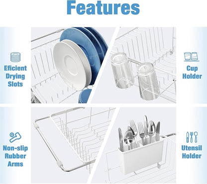 JASIWAY White Dish Drying Rack in Sink, Expandable Stainless Steel Dish Drainers for Kitchen Counter, Dish Dryer Rack for Inside Sink, Over The Sink Dish Racks with Utensil Holder