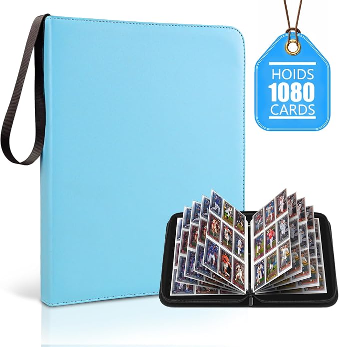 9 Pocket Trading Card Zip Binder - Holds 1080 Cards, 60 Pages Large-Capacity,Double-Sided Removable Sleeves, Suitable for Game Cards/Sports Cards Storage,Light Blue