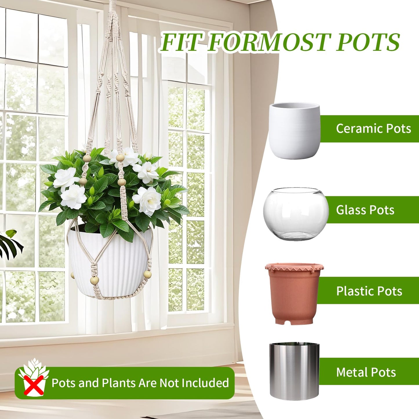 fxnx Bohemian-Style Macrame Plant Hanger Fits pots Sized from 4 to 15 inches in Diameter, Ideal for Hanging planters for Indoor Plants. Hanging Plant Holders is a Perfect Choice.(POTS NOT Included)
