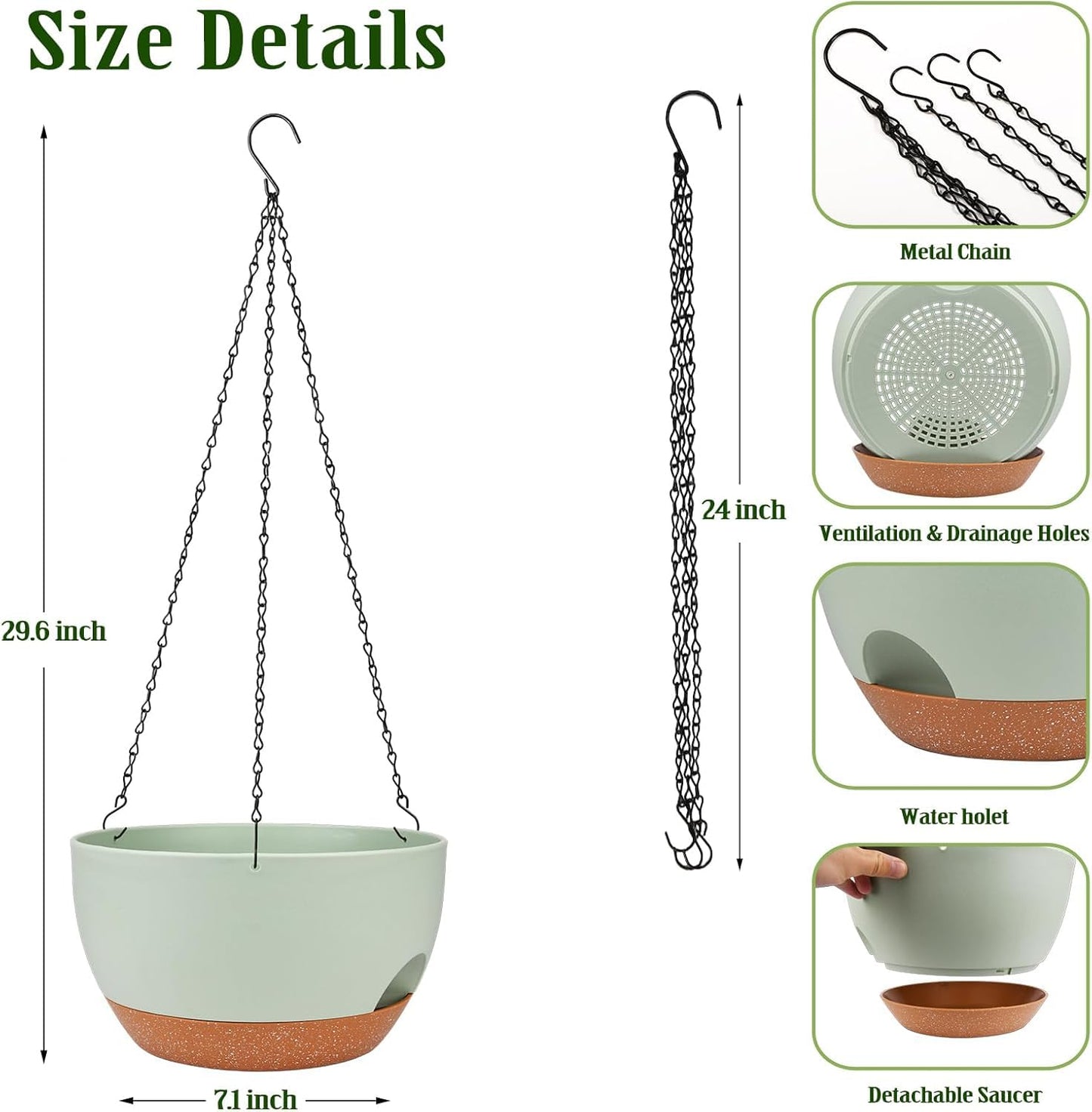 Lucieblessdesign Hanging Planters for Outdoor Indoor Plants, 2 Pack 12 Inch Hanging Basket Plants Outdoor, Self Watering Hanging Planter with Plant Hanger for Garden Home Decoration (Green)