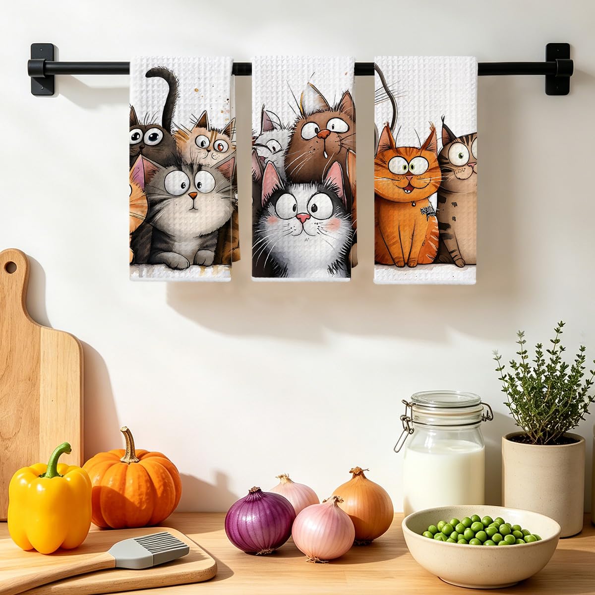 3 Pcs Cute Cat Kitchen Towels, Cats Soft Absorbent Hand Tea Towel, Microfiber Dish Cloths for Drying Dishes, Waffle Dish Towels for Kitchen Home Bathroom Decor, Cat Lover Gifts for Women Mom