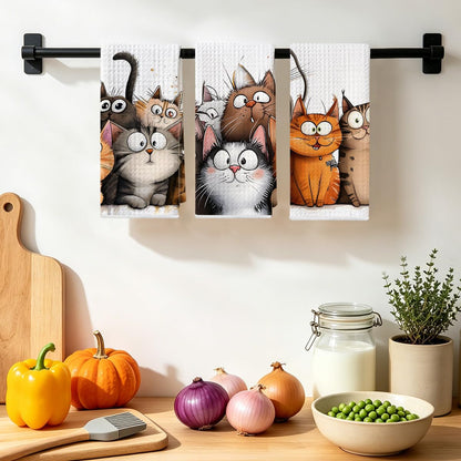3 Pcs Cute Cat Kitchen Towels, Cats Soft Absorbent Hand Tea Towel, Microfiber Dish Cloths for Drying Dishes, Waffle Dish Towels for Kitchen Home Bathroom Decor, Cat Lover Gifts for Women Mom