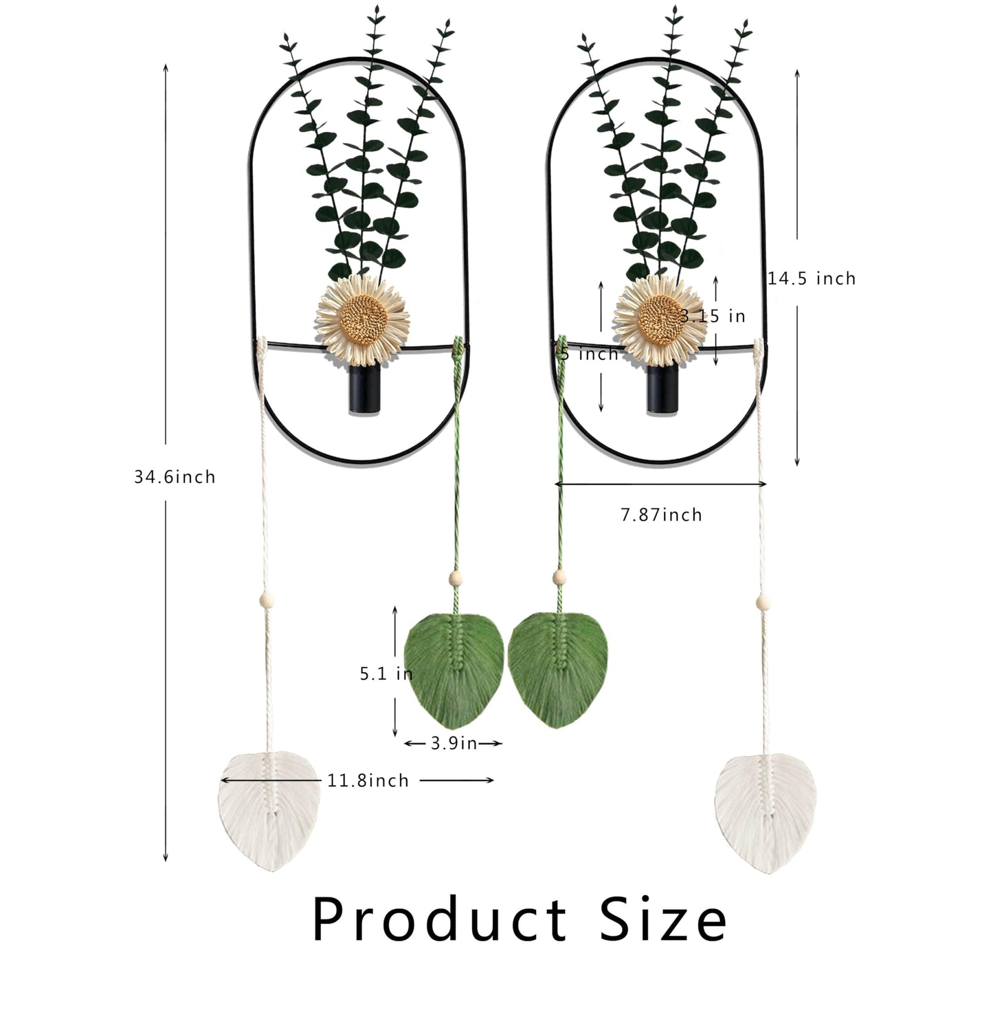 Black Wall Mounted Metal Planter, 2 Piece Set, Large Wall Hanging Vase with Faux Plants, Plant Wall Decor for Living Room, Bedroom, Bathroom, Dining Room