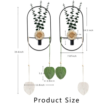 Black Wall Mounted Metal Planter, 2 Piece Set, Large Wall Hanging Vase with Faux Plants, Plant Wall Decor for Living Room, Bedroom, Bathroom, Dining Room