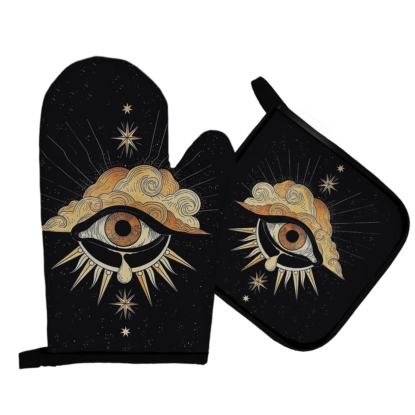 Mingnei Tarot Evil Eye Halloween Oven Mitts and Pot Holders Set, Heat Resistant Potholder Kitchen Decor for Cooking Baking BBQ Grilling, Goth Tarot Oven Glove Set, Gothic Witchy Gifts