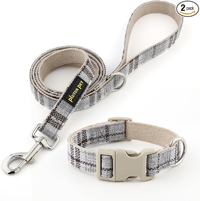 Plutus Pet Cotton Hemp Dog Collar and Leash Set, Adjustable Collar for Small, Medium, and Large Dogs, Heavy Duty and Soft on Skin, Gray Plaid, XL