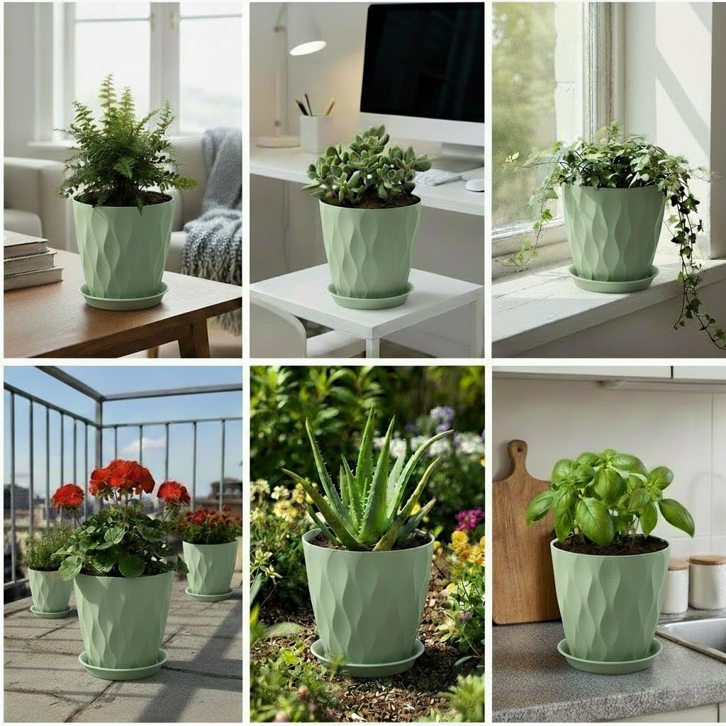 LESOASIS Plant Pots 8 Inch, 6 Pack Plastic Flower Pots for Indoor & Outdoor Plants, Planters with Drainage Holes and Saucer, Garden Pot for Plants (Green)