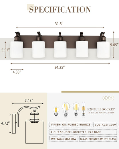 JAZAVA 5 Light Bathroom Vanity Light Oil Rubbed Bronze Metal Wall Sconce with Milky White Frosted Shade Model ZCVL01ORBW-5
