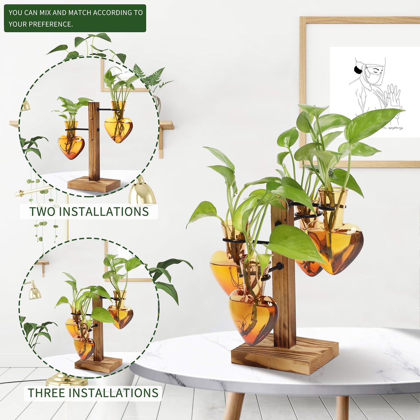 CYZglass Plant Terrarium Propagation Stations with Wooden Stand, Glass Vase for Indoor Hydroponics Home Garden Office Decoration Gift for Women - 4 Love Bulb Vase