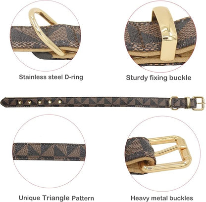 Leather Dog Collar and Leash Set, Check Pattern Dog Collar Leashes Metal Buckle Adjustable Durable for Small Medium Large Dogs (Brown, L(14.5-18.5IN))