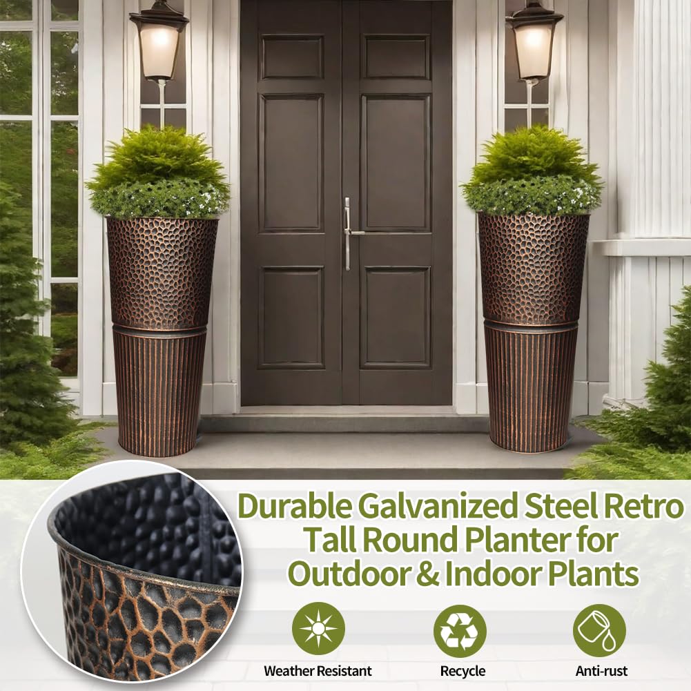 Megawodar 2 Pcs Pack 22 Inches Metal Tall Tapered Planter Pots Large Round Planter Flower Pot with Drainage Holes for Indoor Outdoor Deck Porch Garden Home Patio Front Door (Antique Copper, S)