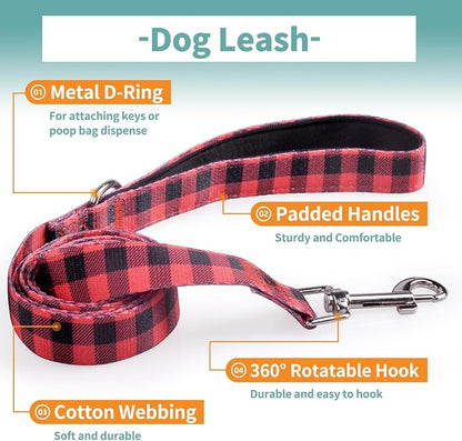 IVY&LANE Dog Collar with Bowtie and Leash Set | Plaid Adjustable Dog Collar | Detachable Bow Tie |5 FT Dog Leash | for Small Medium Large Dogs | Checkered Red | Large