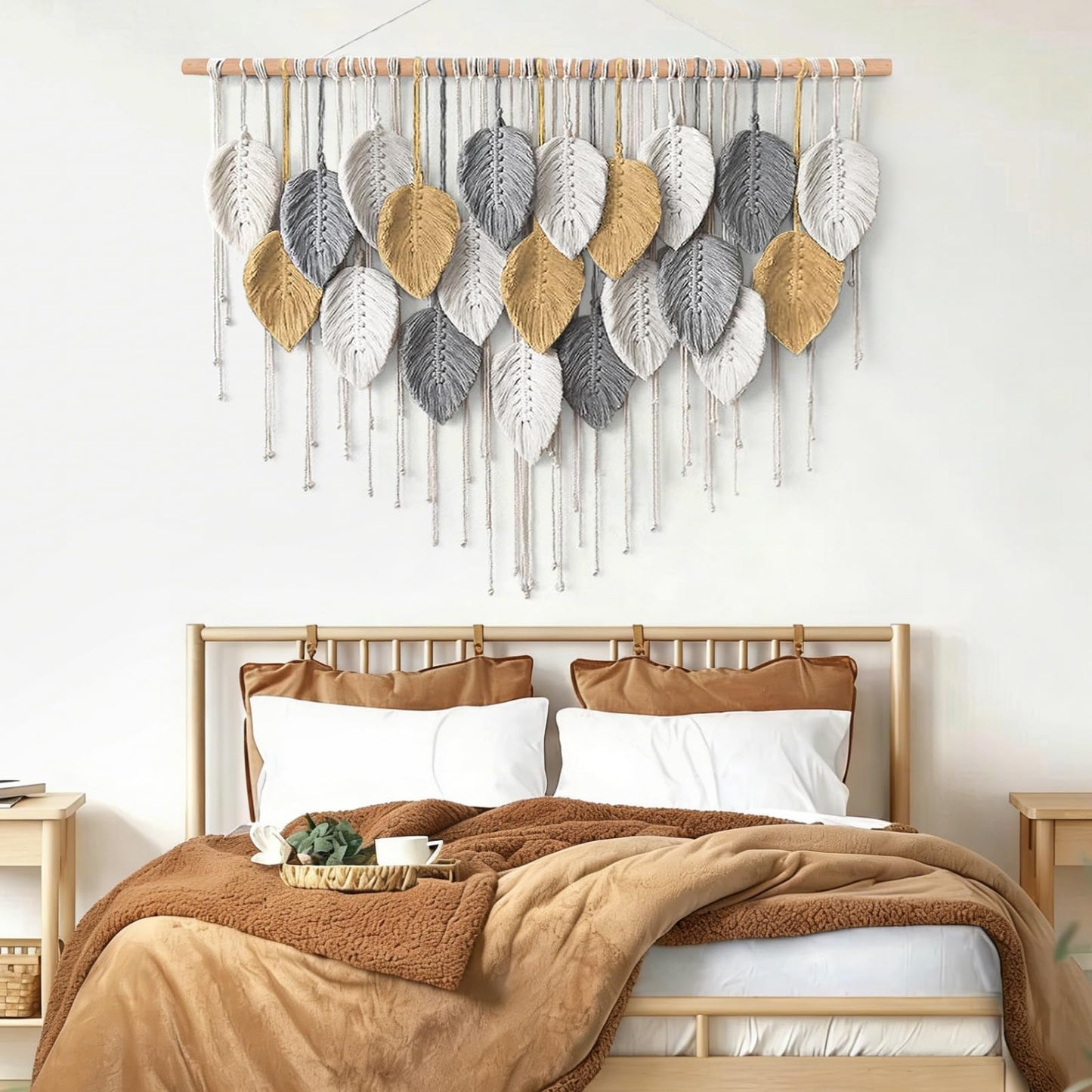 KHOYIME Large Macrame Wall Hanging Boho Woven Tapestry, Chic Modern Home Decor Bohemian Farmhouse Handmade Leaf Feather Wall Art Decorations for Living Room Bedroom Nursery Dorm Backdrop 39"W X 29.5"L