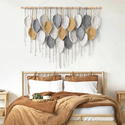 KHOYIME Large Macrame Wall Hanging Boho Woven Tapestry, Chic Modern Home Decor Bohemian Farmhouse Handmade Leaf Feather Wall Art Decorations for Living Room Bedroom Nursery Dorm Backdrop 39"W X 29.5"L