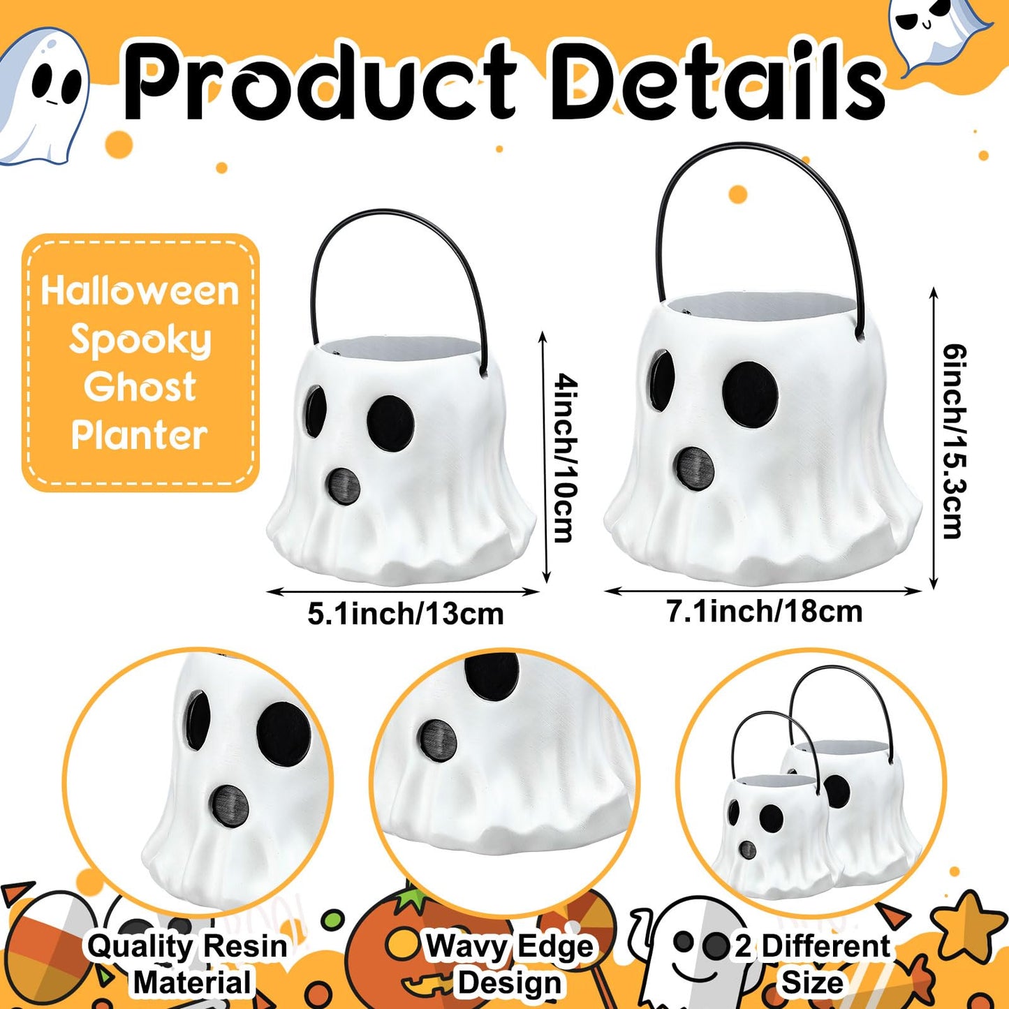 Fullhawl 2 Pack Ghost Bucket Decor Halloween Vase Cutest Ghost Candy Bowl Planter Pot Halloween Bucket Vase for Indoor Outdoor Garden Home Decor