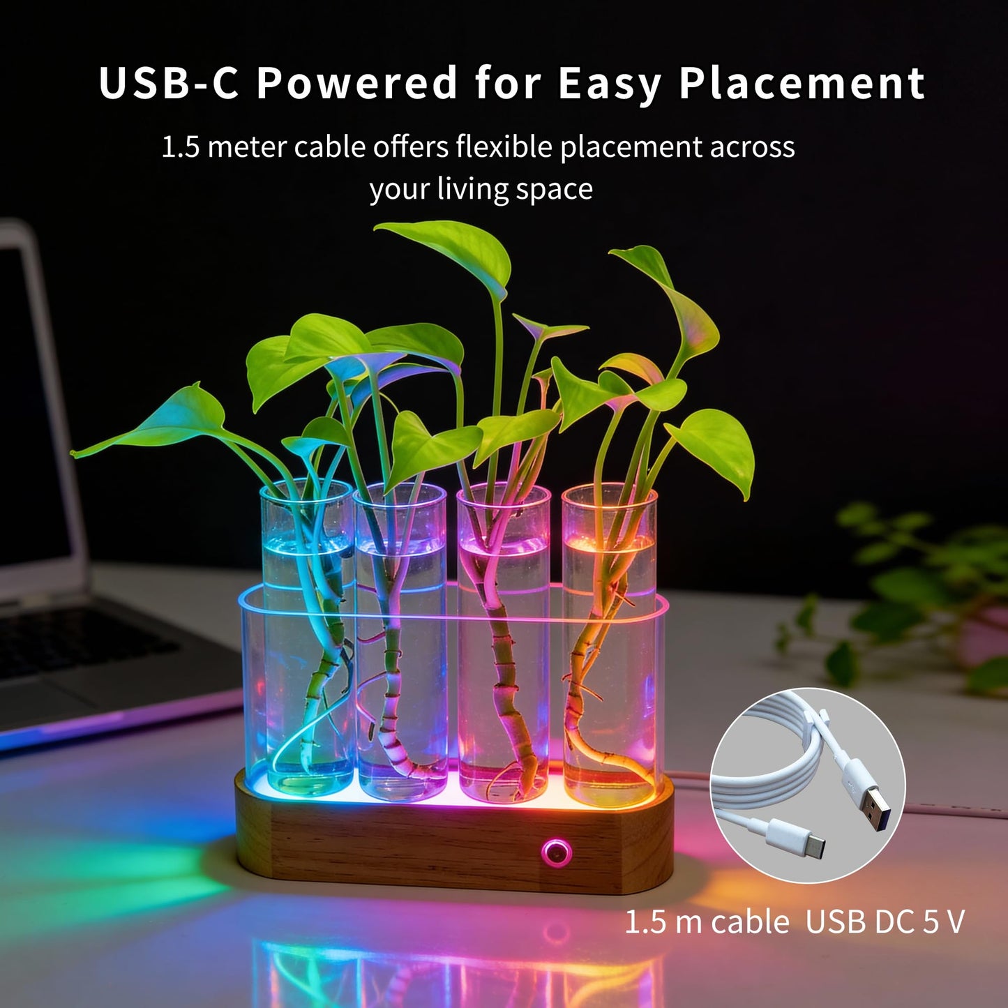 Plant Propagation Station with RGB Lights, Wooden Stand, 4 Glass Test Tubes for Hydroponic Plants, 9 Lighting Modes, Unique Gift for Plant Lovers
