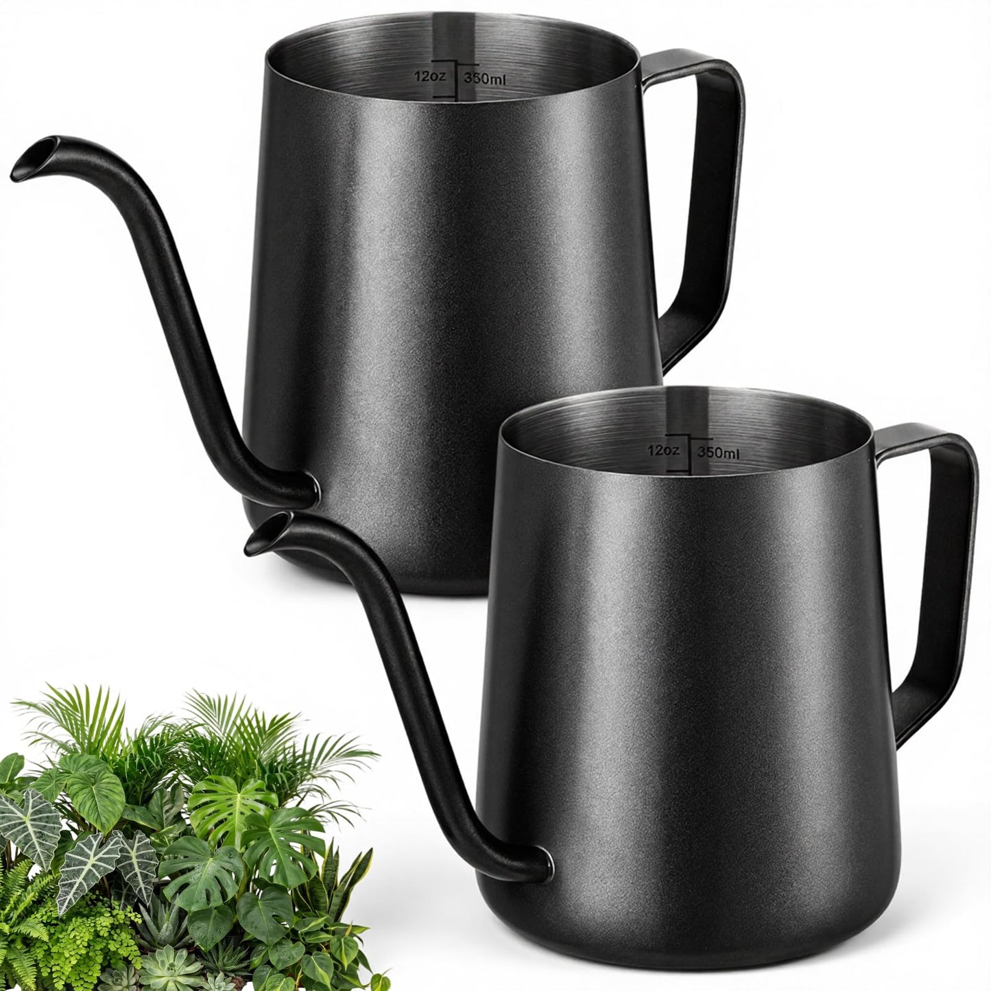Teecyhooo 2 Pcs Small Watering Can for Indoor Plants, 12 Oz/350 ml Mini Plant Watering Pot with Long Spout and Scale 304 Stainless Steel Tiny Watering-can for Outdoor Indoor Plants Garden(Black)