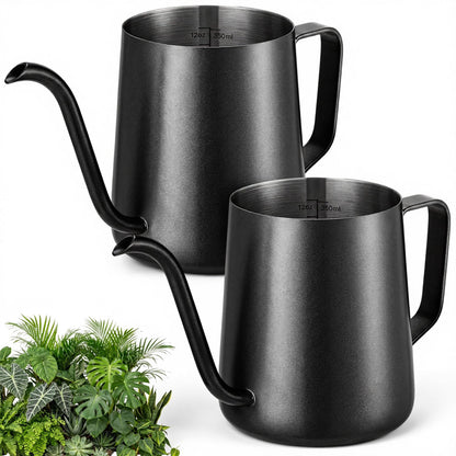 Teecyhooo 2 Pcs Small Watering Can for Indoor Plants, 12 Oz/350 ml Mini Plant Watering Pot with Long Spout and Scale 304 Stainless Steel Tiny Watering-can for Outdoor Indoor Plants Garden(Black)