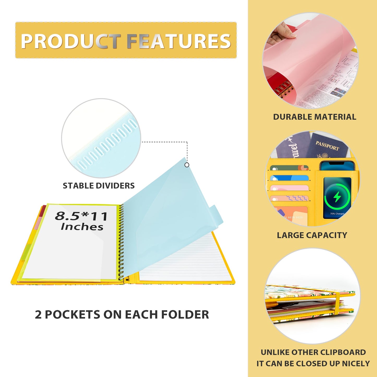 Ospelelf Clipboard with Storage for Men Women, Leather Padfolio Portfolio Organizer 5 Folders with 10 Pockets, Spiral Clipboard Folio with Notepad for Letter Size, Elastic Closure and Pen Loop Floral