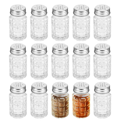Jucoan 16 Pack Retro Style Glass Salt and Pepper Shakers with Stainless Steel Top, 2 oz Small Glass Spices Shakers Seasoning Bottle Jars for Kitchen Restaurant Wedding BBQ Party Camp Travel