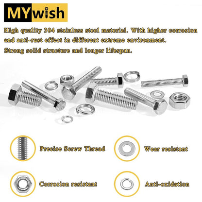 Mywish 448PCS M5 M6 M8 Screw Set, Metric Bolt Assortment, 304 Stainless Steel, Nuts and Bolts Set Flat & Spring Washers, Hex Head Cap Screws Bolts and Nuts Kit, Fully Thread