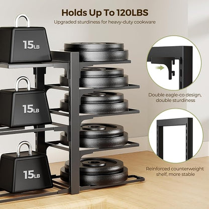 LAMU Pots and Pans Organizer Organizer under Cabinet 15.83" Height, 8 Adjustable Tier Heavy Duty 120LB Pot and Pan Organizer Rack inside Cabinet for Cast-iron Pan, Heavy Skillets Griddle, Shallow Pot