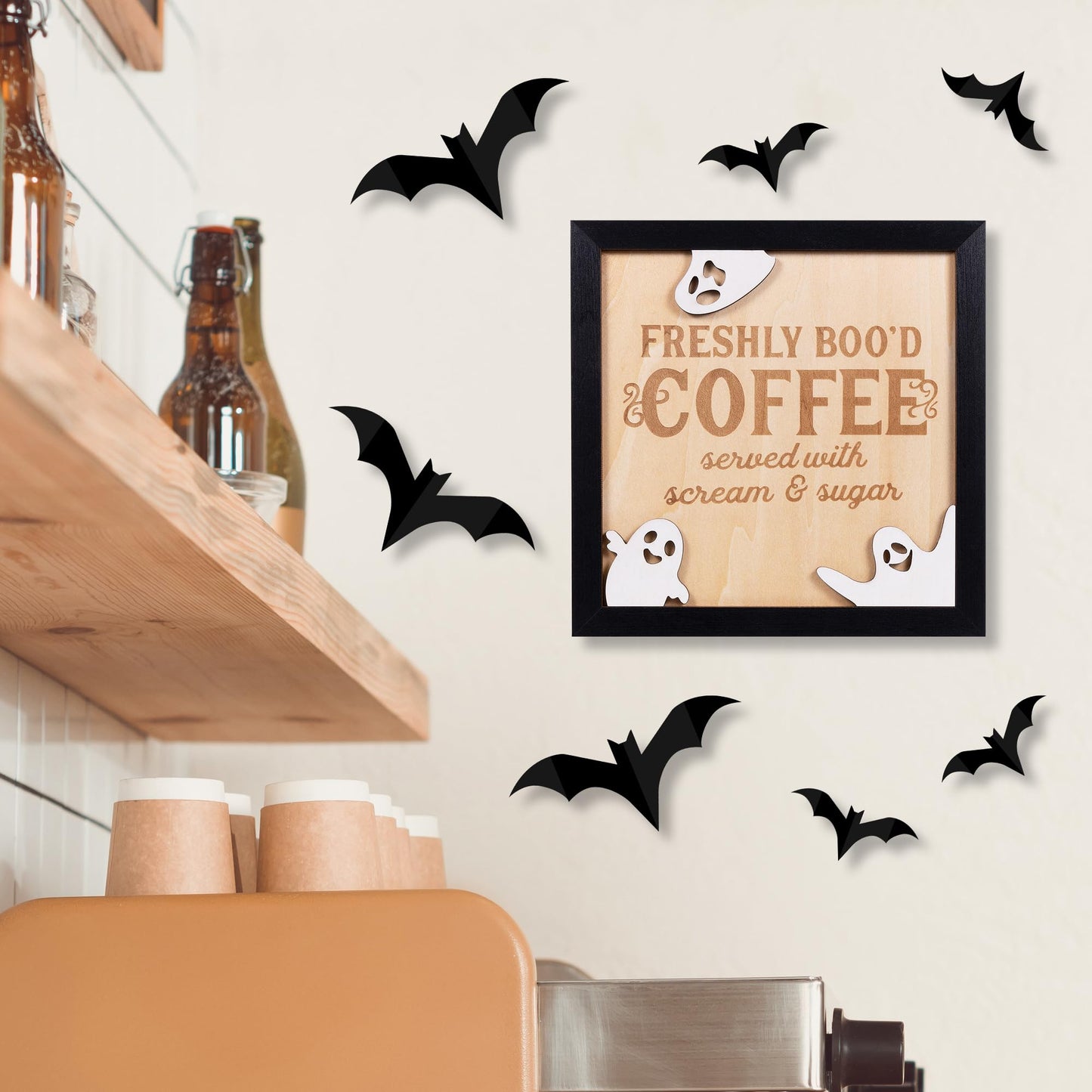 FRESHLY BOO’D COFFEE Halloween Signs with Stand, Funny Halloween Coffee Bar Decorations, Wooden Halloween Kitchen Decor Accessories, Cute Coffee Bar Wood Sign, Halloween Retro Home Decor Room Indoor Stuff