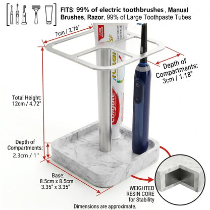 ERSINNO Electric Toothbrush Holder for Bathroom - Resin Marble Base & 304 Stainless Steel Organizer - 3-Slot Toothpaste and Vanity Stand - Space-Saving Bathroom Caddy for Countertop (White Silver)