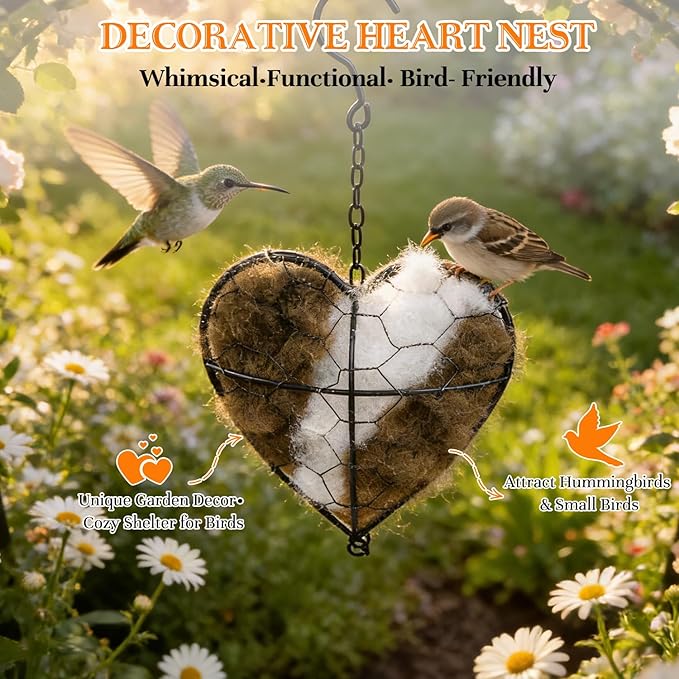 Handmade Alpaca Fiber Bird Nesting Heart, Birds Nests Material Holder, Winter Tree Shelter for Wild Bird, Hummingbird Houses Nest Boxes Gifts for Outside Garden Art Birdhouse, Birds Lovers
