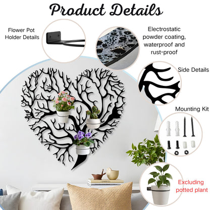 OZF Tree of Life Metal Wall Mounted Plant Holder, Tree Heart Wall Hanging Plant Holder, Branch Metal Plants Stand for Living Room (Black, 18"x 18"| 48x47cm, 2 Pack 8" Flower Pot Holder Ring)