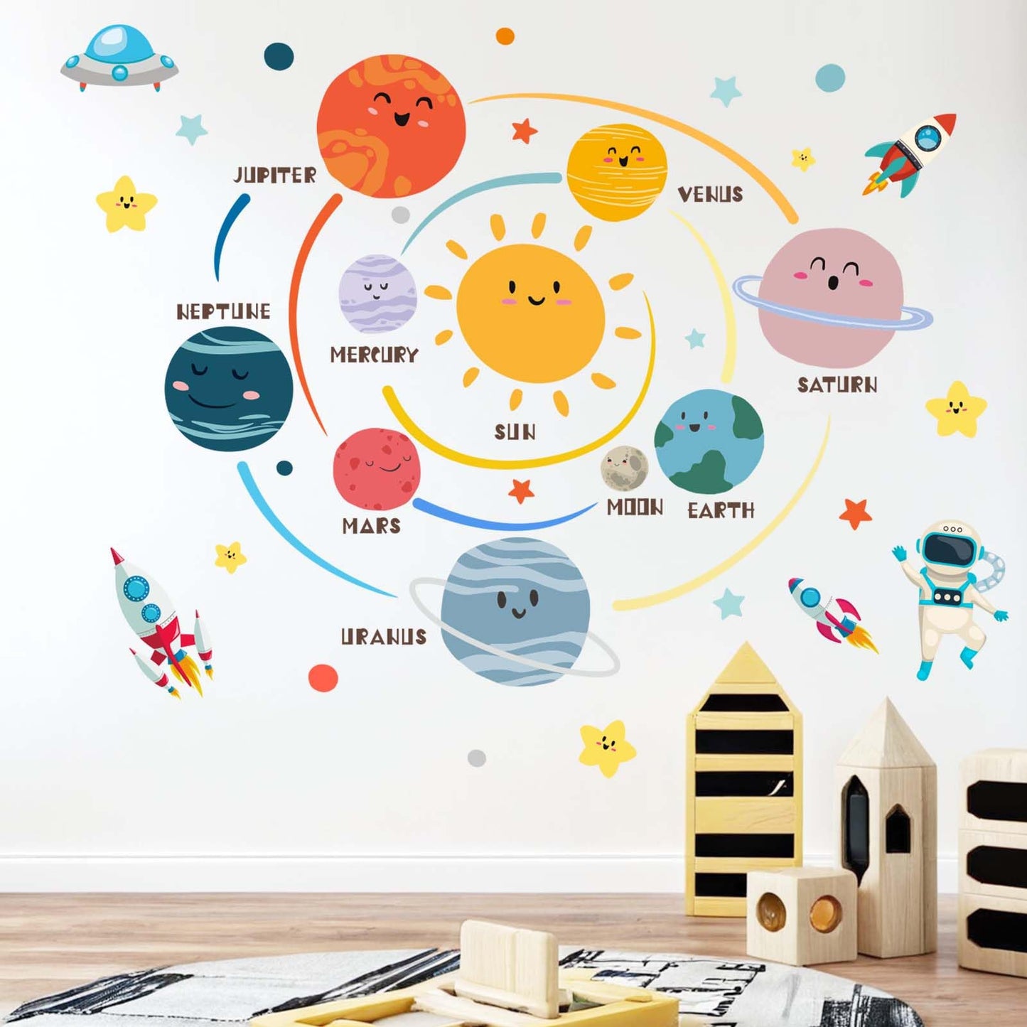 Amimagen Outer Space Planets Wall Decals - Astronaut Rocket Boys Wall Stickers - Baby Nursery Kids Room Daycare Playroom Wall Decor