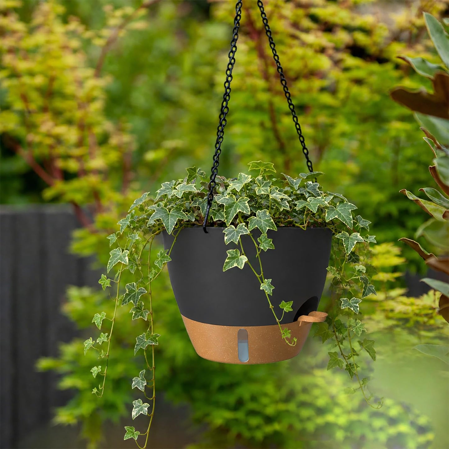 ZMTECH 12 Inch Large Self Watering Hanging Planters for Indoor Outdoor Plants - Water Level Indicator & Removable 60 Oz Reservoir, 1 Pack Plastic Hanging Basket for Window Porch Garden Balcony, Black