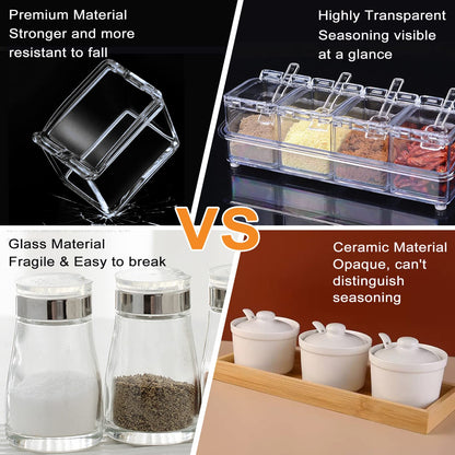 SHAIDOJIO Clear Seasoning Box, 8 Piece Seasoning Rack Spice Pots, Plastic Storage Container Condiment Jars with Lids and Spoon, Kitchen Organization Containers for Spice, Salt, Sugar, Cruet (2 Set)