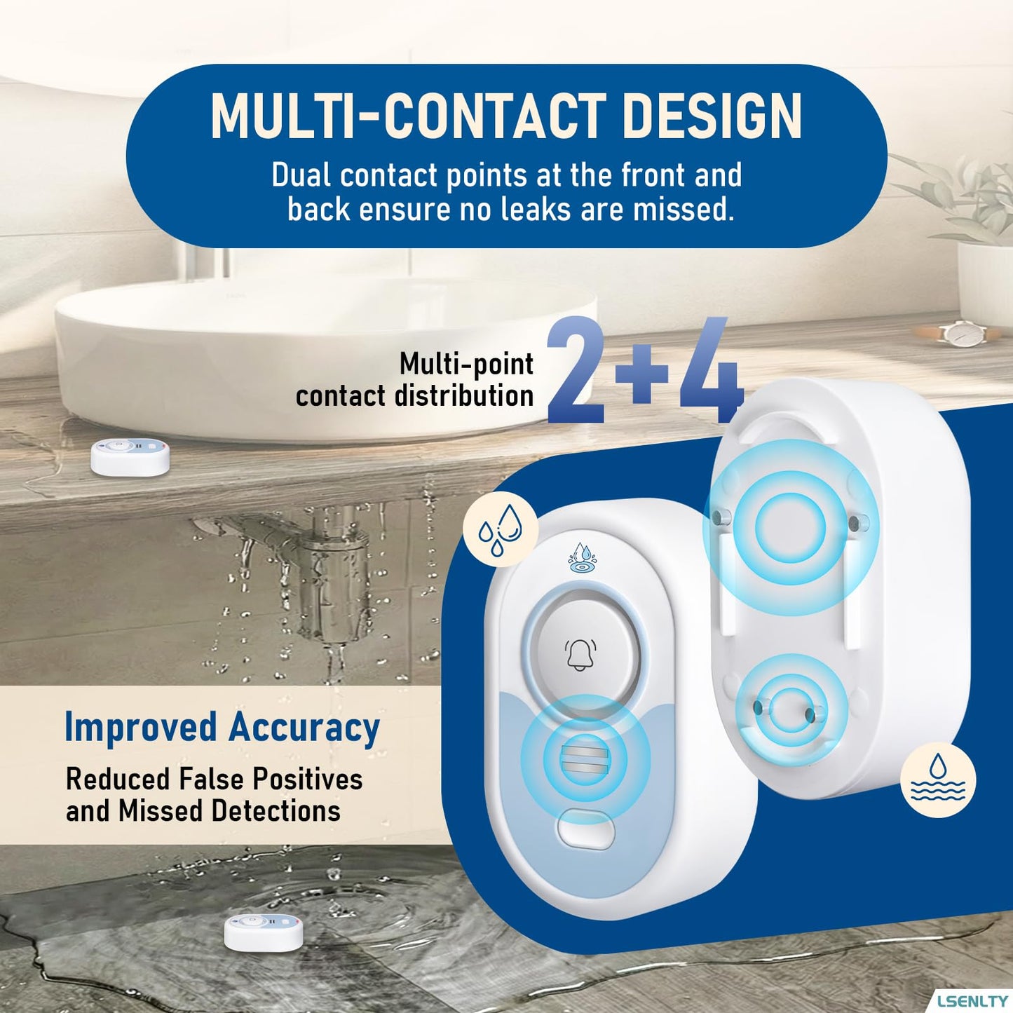 LSENTLY Water Leak Detector Supports 5 Years Standby Time, LED Indicator & 100dB Leak Alarm & Low Battery Reminder Water Alarm, IP66 Waterproof for Home, 6 Pack (Cannot Connect Wi-Fi)