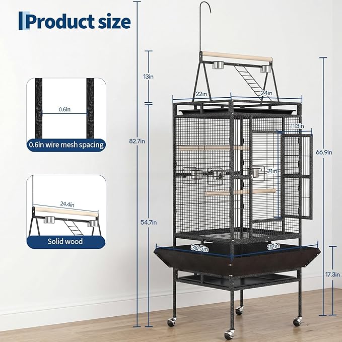 Extra Large 82-Inch Parrot Cage with Play Top – Heavy Duty Wrought Iron Flight Birdcage – Rolling Stand, Spacious Design, Rope Perch, Removable Tray, Powder-Coated Speckled Black