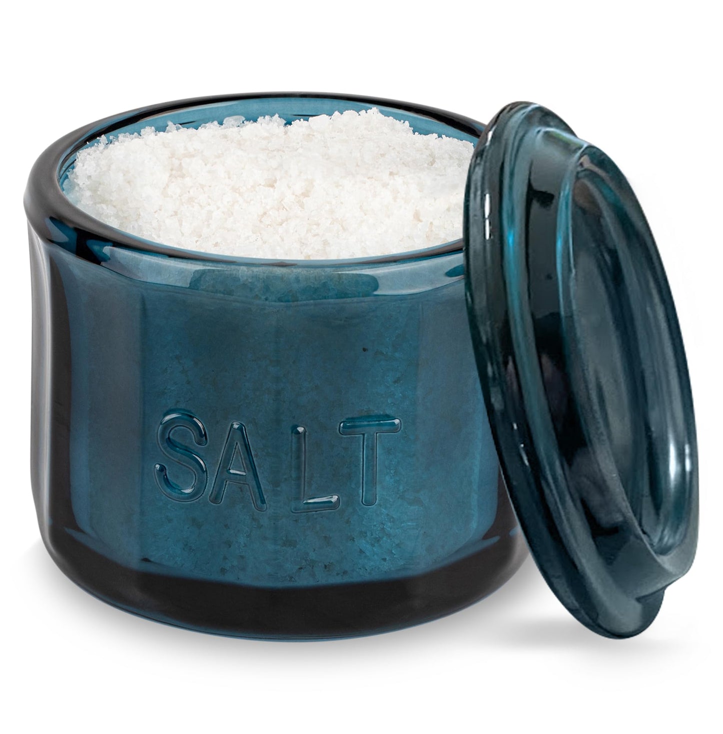 KooK Glass Salt Cellar, with Lid, Embossed Pressed Glass, Clear Storage Container, for Coffee, Sugar, Spices and Candies, Hand Wash Only, 10 oz, (Navy Blue)