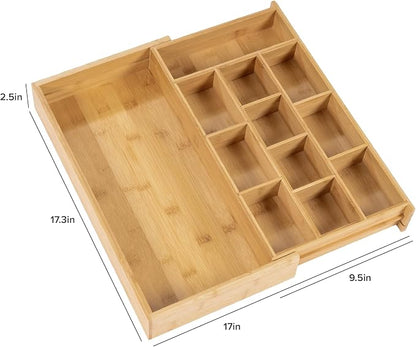 KitchenEdge Tea Bag and Coffee Pod Kitchen Drawer Organizer, Expandable 9.7 to 17 Inches, 10 Accessory Compartments with Adjustable Wall Inserts, Non-Slip Rubber Feet, 100% Sustainable Bamboo Wood