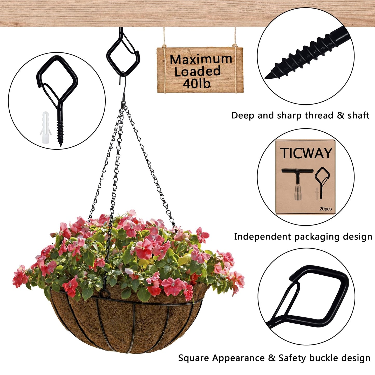 Ticway 30 Pcs Outdoor Hooks for String Lights,Screw Hooks for Hanging Plants,Ceiling Hooks with Safety Buckle,Square Hanger for Wind Chimes,Bird Feeder,Lanterns,Christmas Decorations (Black)