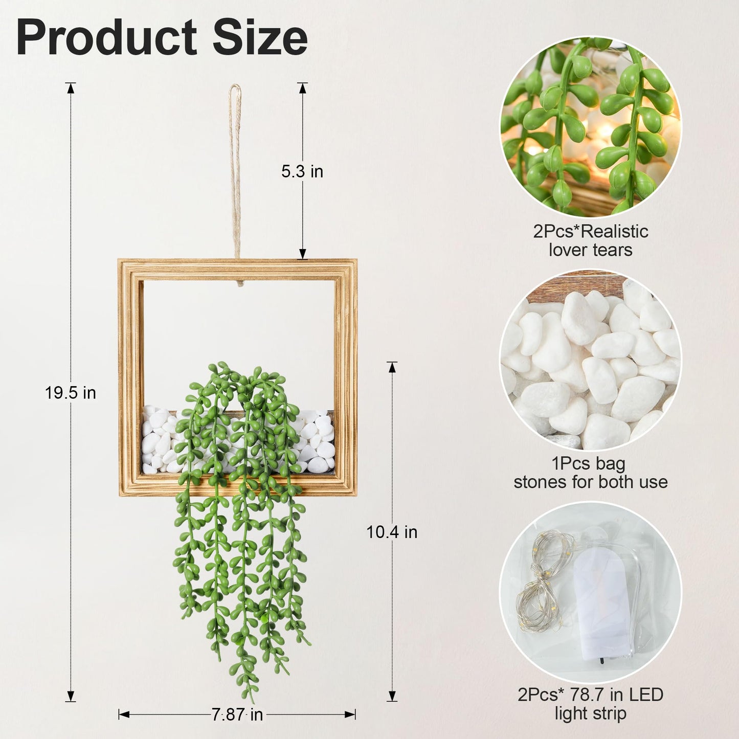 FancyPlus 2 Pack Fake Plants Hanging, Artificial Succulents Plants in Square Wooden Frame with LED Lights, Boho Wall Decor for Office Living Room Bathroom Bedroom Kitchen Indoor Outdoor, Burnt Wood