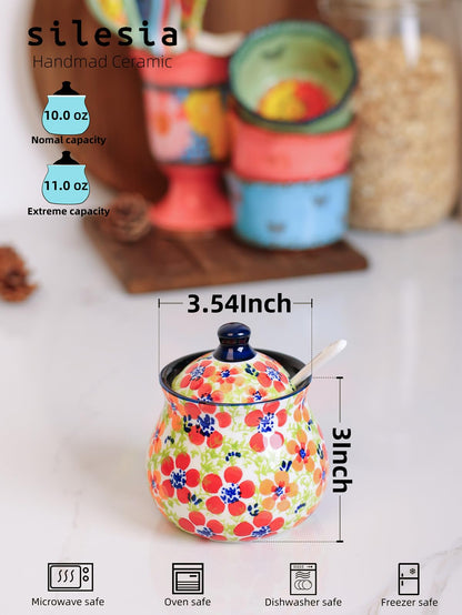 silesia Handmade Sugar Bowl with Lid and Spoon, 9 Ounce Ceramic Hand-Painted Sugar Jar for Home in Gift Box, Kitchen Decor, Oven, Dishwasher & Microwave Safe, Jungle Floral