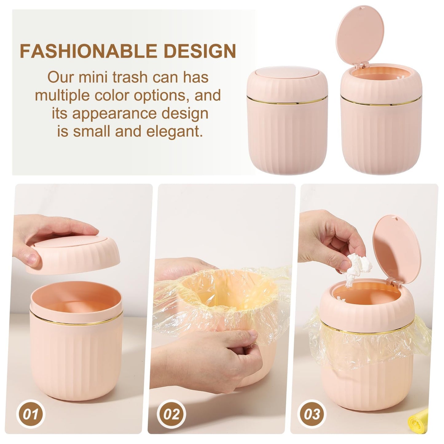 uxcell Mini Trash Can with Lid, Desktop Small Recycling Cute Trash Can, 2.2L/0.58 Gallon Suitable for Office Bathroom, Kitchen, Living Room, Bedroom, Pink