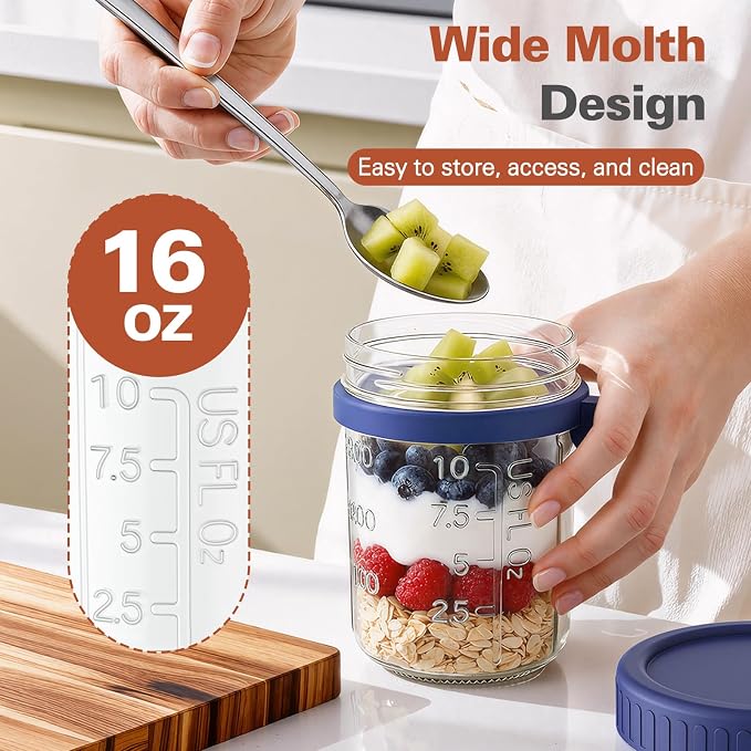 4 Pack Overnight Oats Containers with Lids and Spoons, 16 oz Airtight Oatmeal Container with Measurement Marks, Overnight Oats Jars for Cereal Fruit Vegetable Milk Salad Yogurt Meal Prep