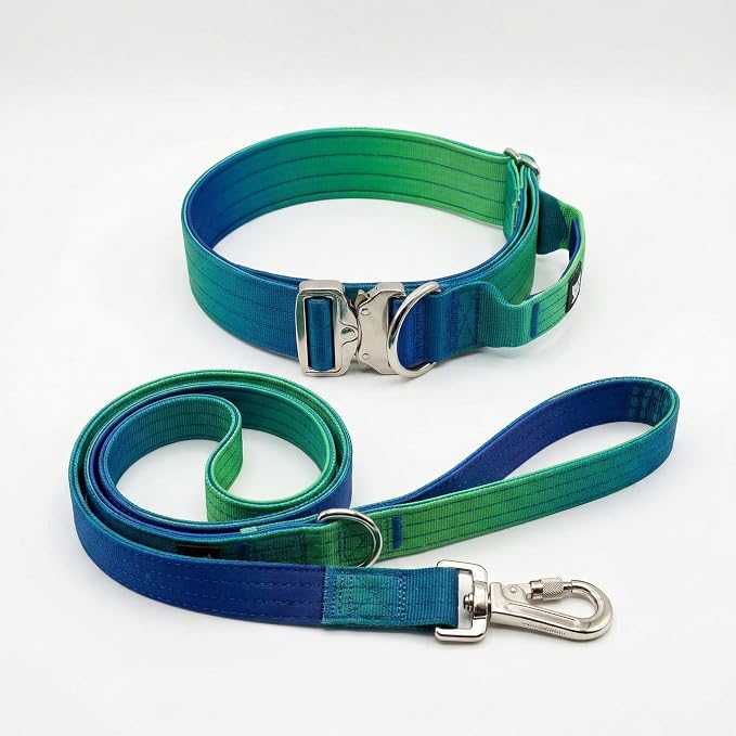 Haminway Ocean Wave Tactical Dog Collar and Leash Set – Heavy Duty Nylon, Metal Buckle, Padded Handle, Gradient Color Design – Durable for Large Dogs, Training & Outdoor Walking (L Size)