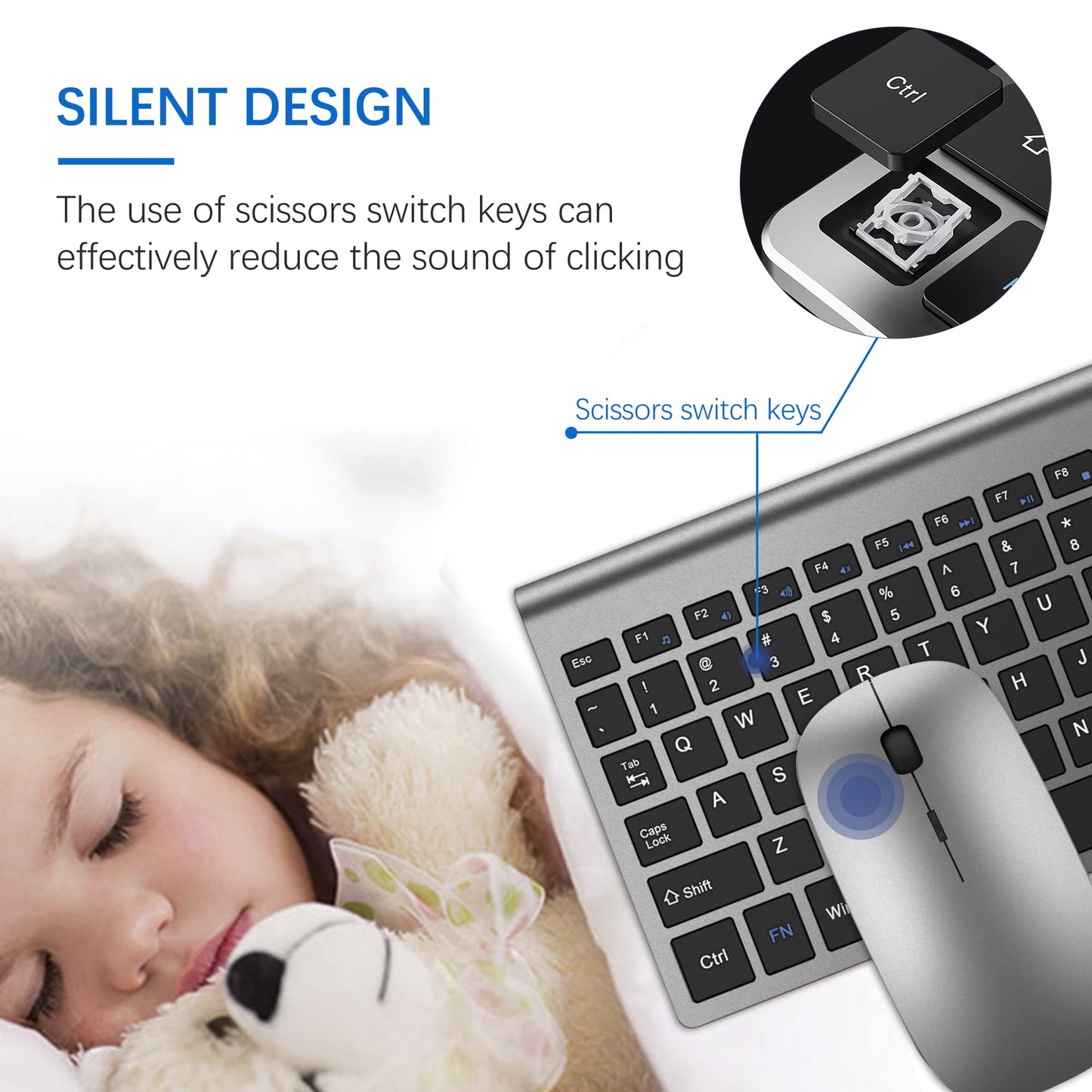 Wireless Keyboard and Mouse Ultra Slim Combo, TopMate 2.4G Silent Compact USB 2400DPI Mouse and Scissor Switch Keyboard Set with Cover, Batteries Included, for PC/Laptop/Windows/Mac - Gray Black