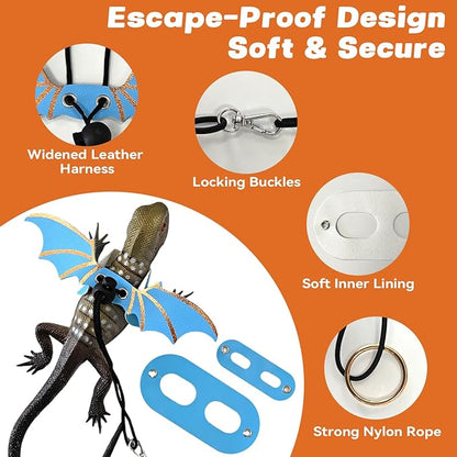 Dinosaur Wing Leash Harness for Bearded Dragons - 3-Size Adjustable Reptile Harness Set, Safe Escape-Proof Design for Lizards, Geckos, Iguanas & Small Pets (Orange)