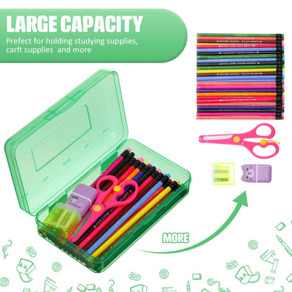 Fainne 24 Pack Pencil Boxes for School Clear Plastic Pencil Case Large Plastic Crayon Box Bulk Stackable Classroom Stationery Organizer School Supplies(Red, Blue, Green)