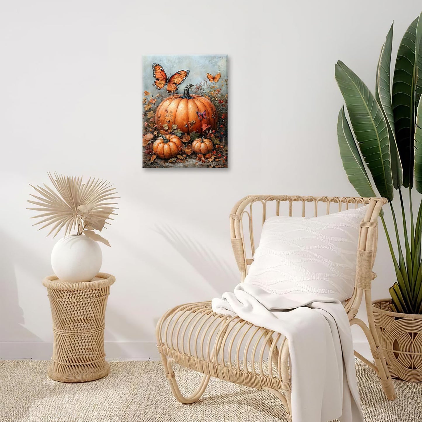 Fall Pumpkin Pictures Wall Art, Rustic Thanksgiving Bathroom Wall Decor, Farmhouse Autumn Butterfly Framed Painting Canvas Artwork for Harvest Gift Bedroom Living Room Decorations 16" L x 12" W