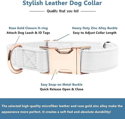 Soft Leather Dog Collar and Leash (6.6') Set - Stylish Rose Gold Heavy Duty Metal Buckle, 4 Adjustable Lengths Leash for Small Medium Large Dogs - Comfortable & Easy to Clean White S(12.2"-16.9")
