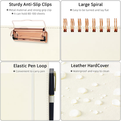 Ospelelf Leather Clipboard Folio with with Storage Zipper Pouch, Spiral Clipboard Folder with Notepad for Letter Size, 5 Folders with 10 Pockets, 39 Divider Label Stickers (Beige)